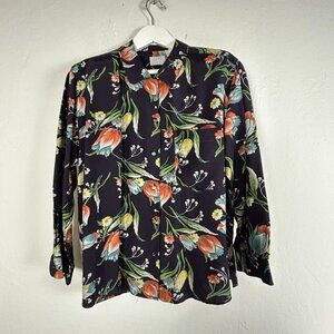 Esprit Collection Women's Floral Print Collared Button Up Shirt Black/Red Medium